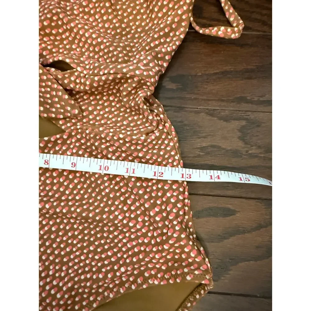 Aerie Wrap Strapless One Piece Swimsuit Brown Pink Dot Print Cutout Tie Front M